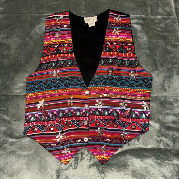 Vintage Fashion Passport Vest Women’s Medium Multi Aztec Pockets Embellished 80s - Picture 4 of 8